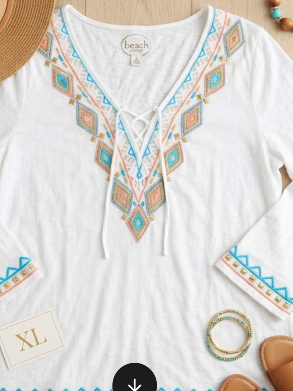 White Embroidered Lace-Up V-Neck Tunic